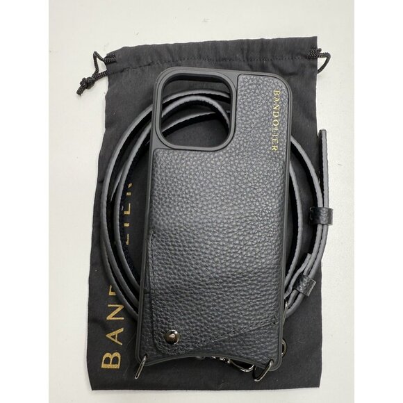 BANDOLIER iPhone 15 Pro Max Crossbody Leather EMMA Phone Case Black/Pewter - Picture 10 of 14